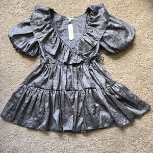 Topshop NWOT tiered mini dress silver metallic babydoll puff sleeve womens 2
